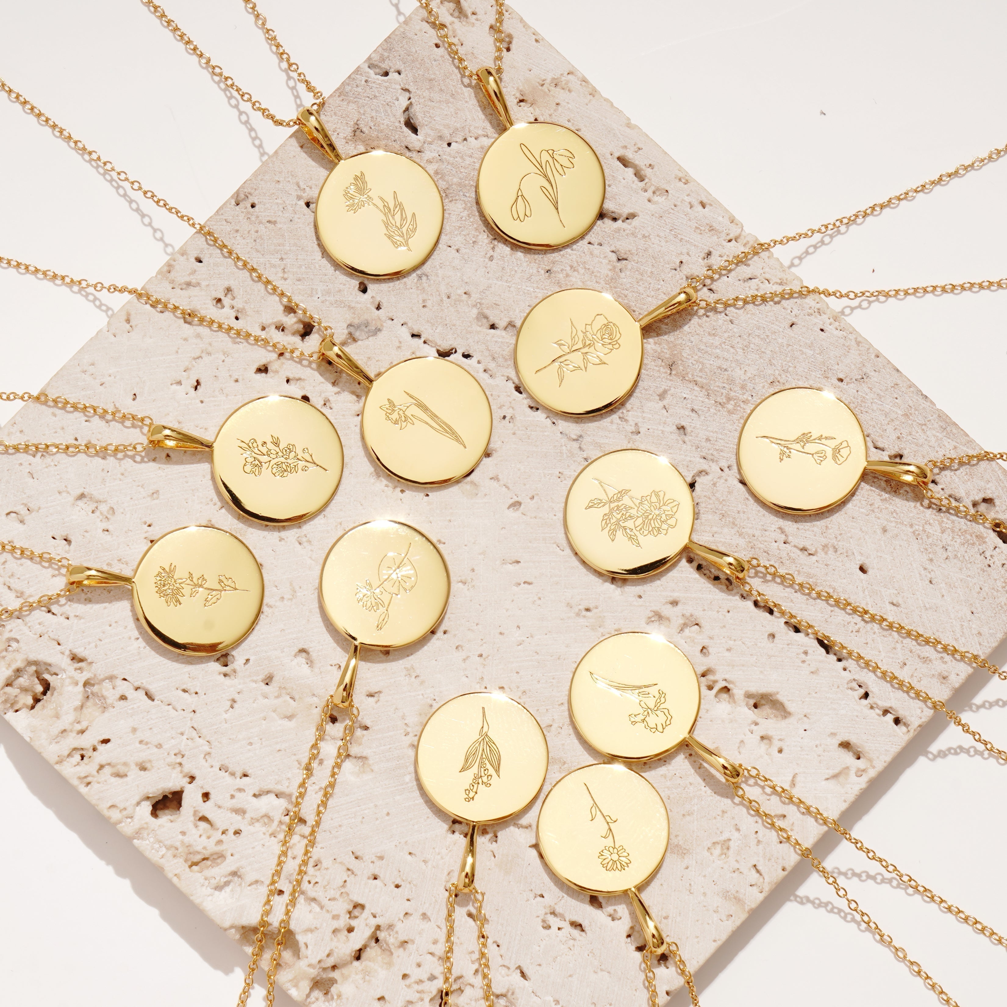 gold birth flowers of each month by birthday month on adjustable gold necklace chains