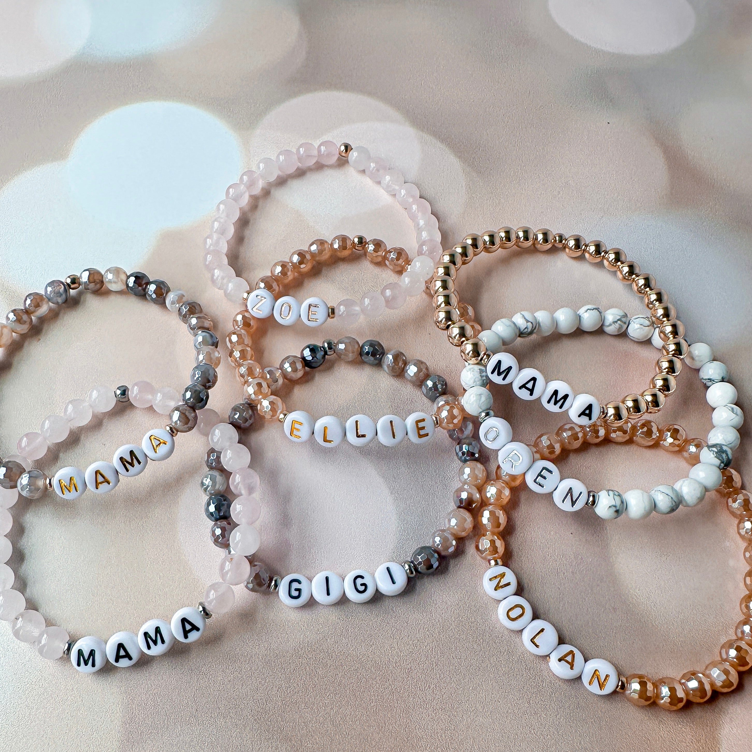 Featherly personalized custom beaded word and name bracelets