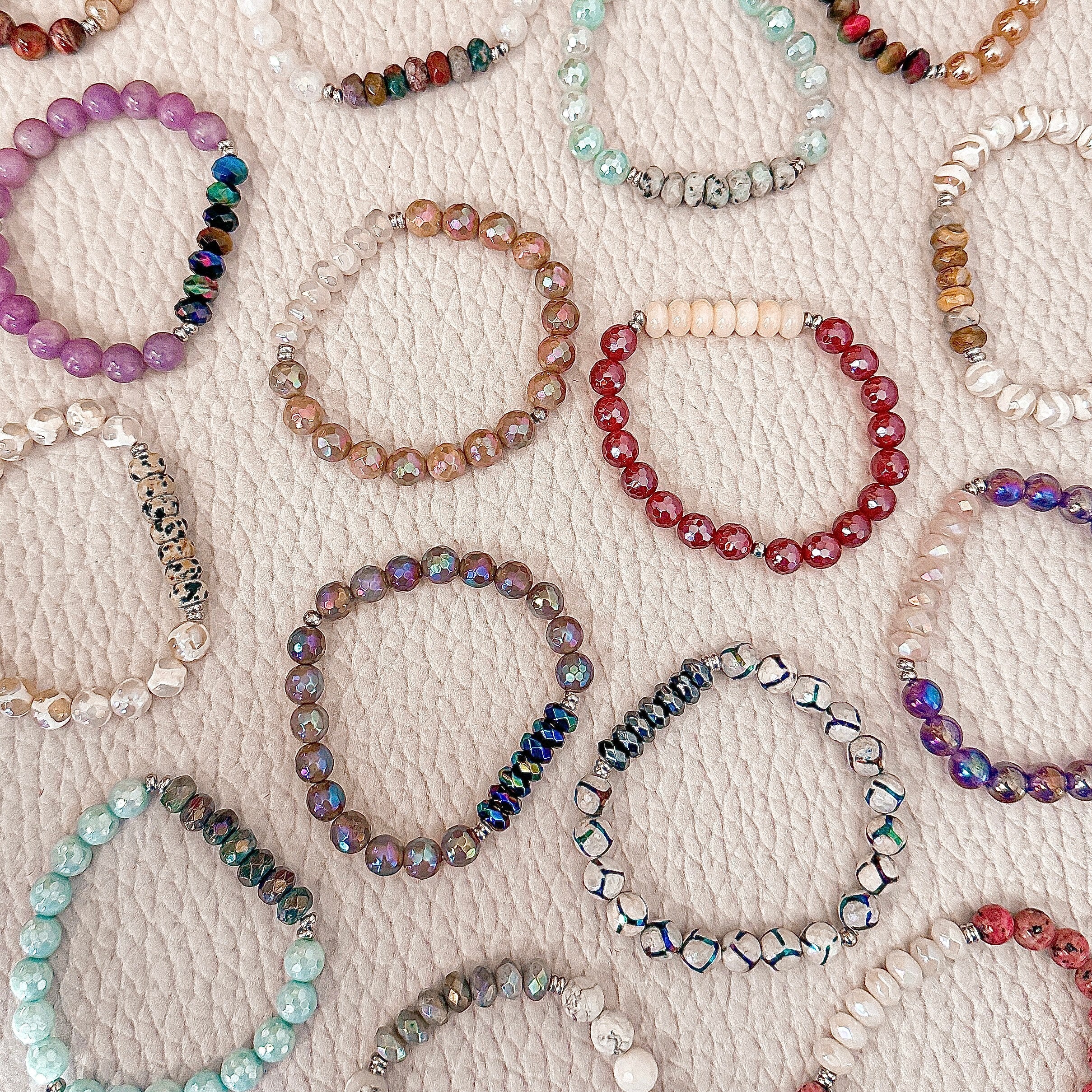 Featherly Beaded Stretch Bracelet Stackers in mixed gemstones.