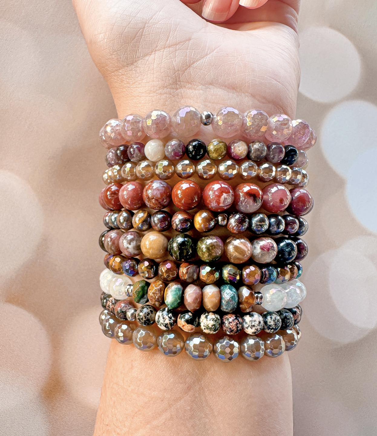 A stack of fall beaded stretch bracelets from Featherly