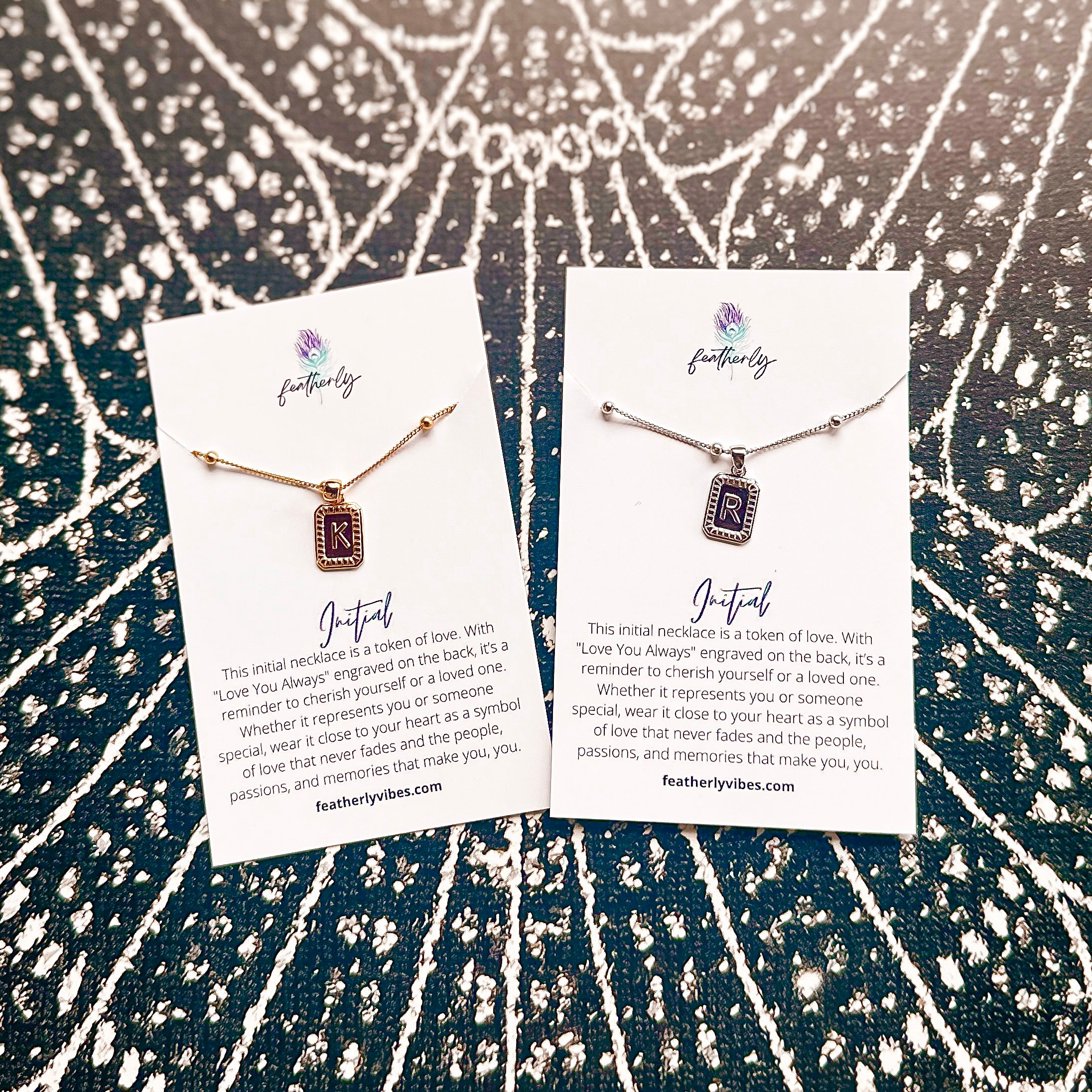 Gold K and Silver R initial letter necklaces for women from Featherly on meaning card