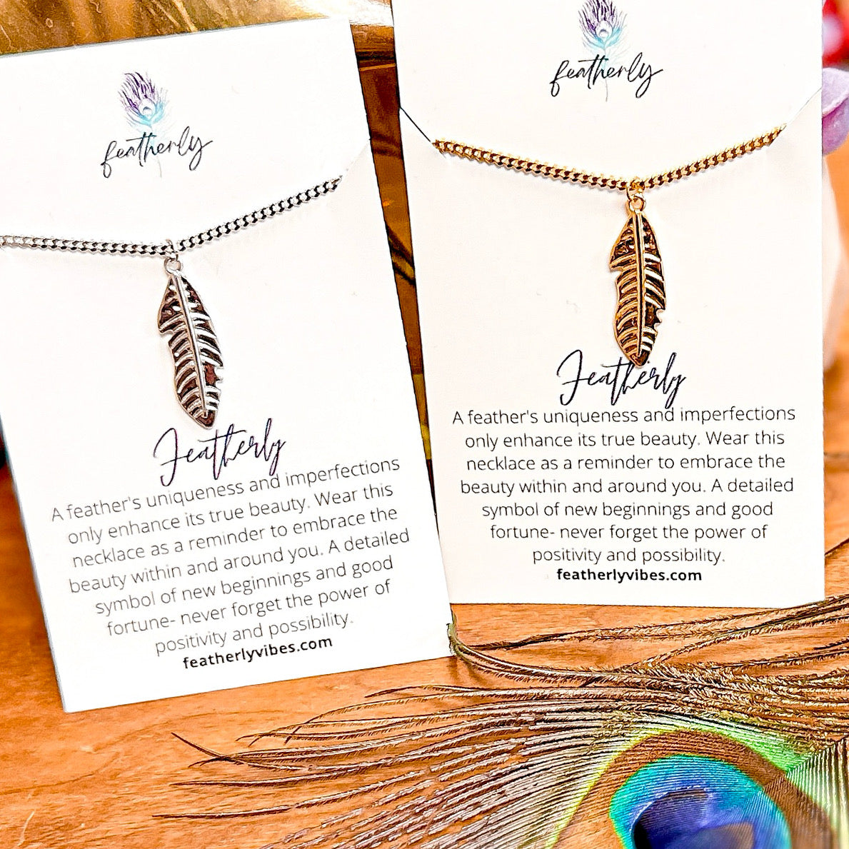 sterling silver and gold feather necklace for new beginnings and good fortune gift from featherly