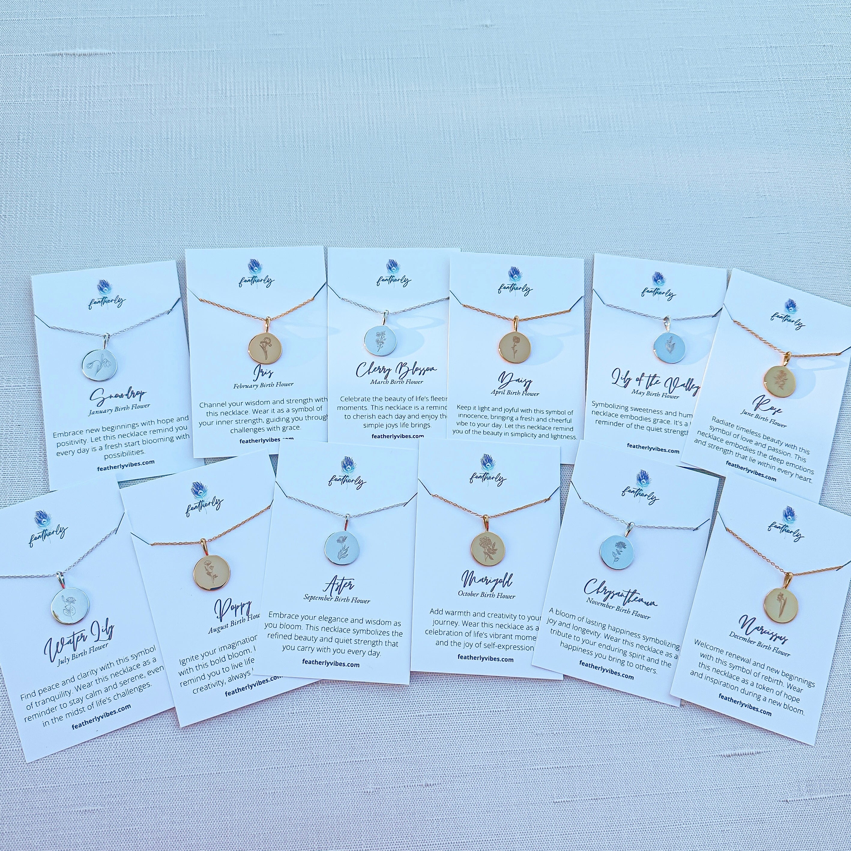 featherly birth month flower necklaces for each month with meaning card in gold and sterling silver on adjustable chain