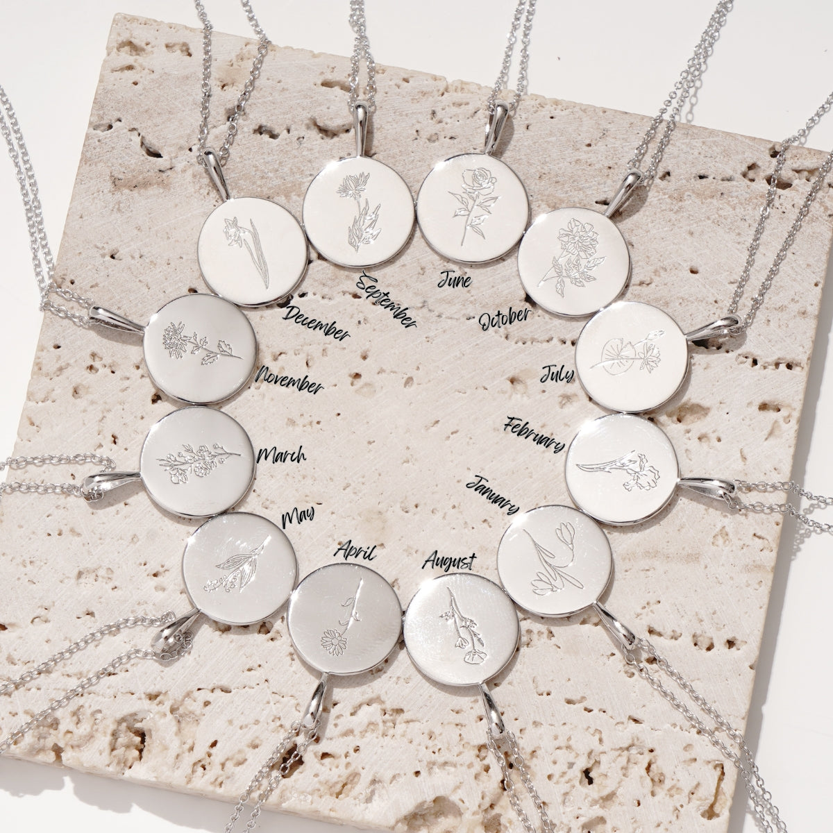 Featherly birth month flower of the month Sterling Silver Adjustable layering birth flower necklaces in silver