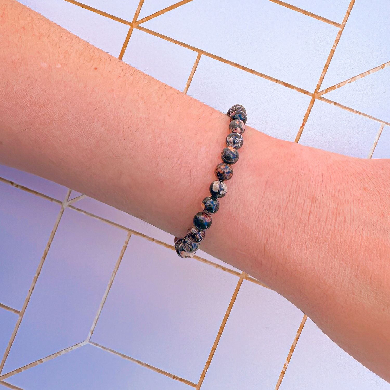 mini stacker bracelet in black leopard skin jasper