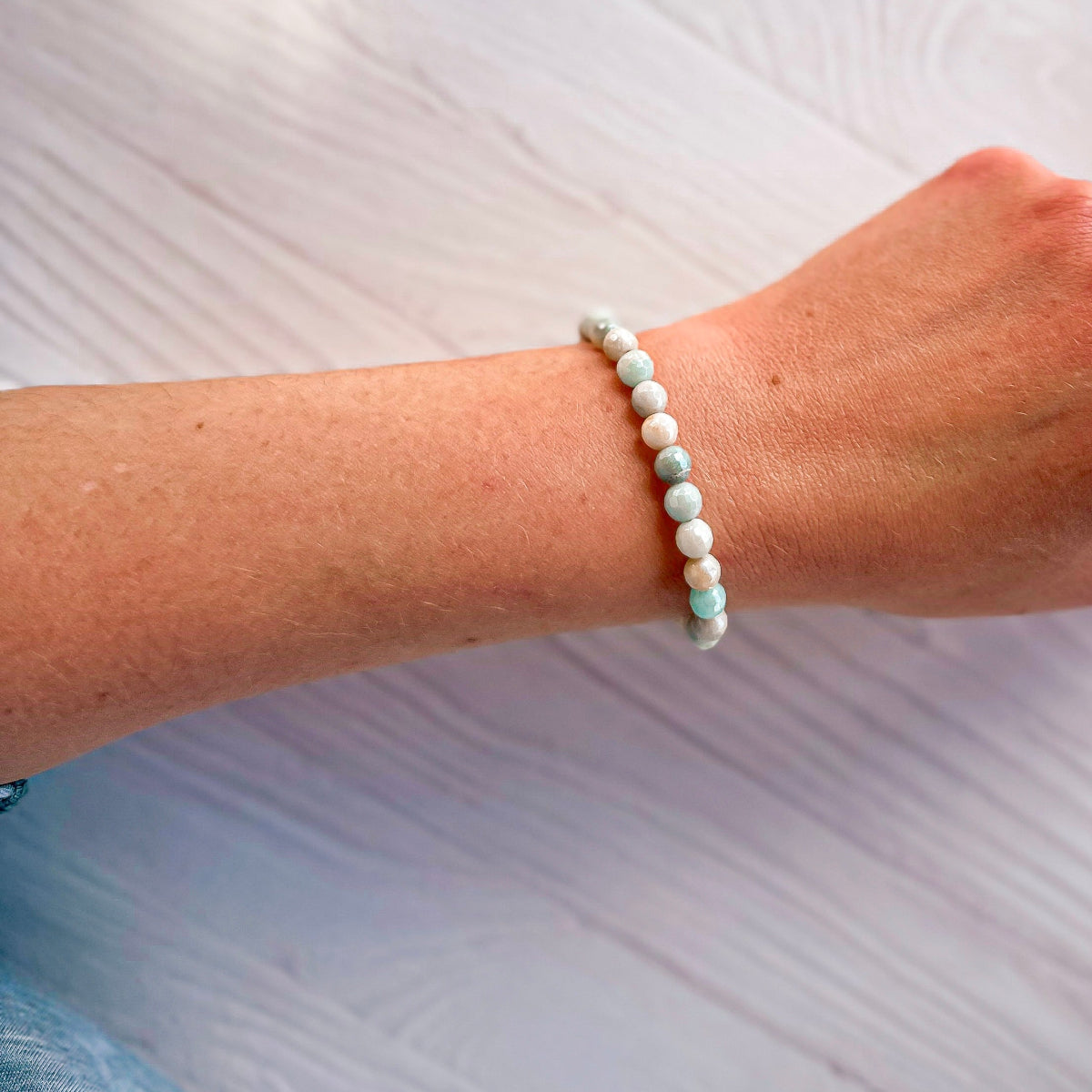 mini stacker bracelet from featherly in mixed amazonite