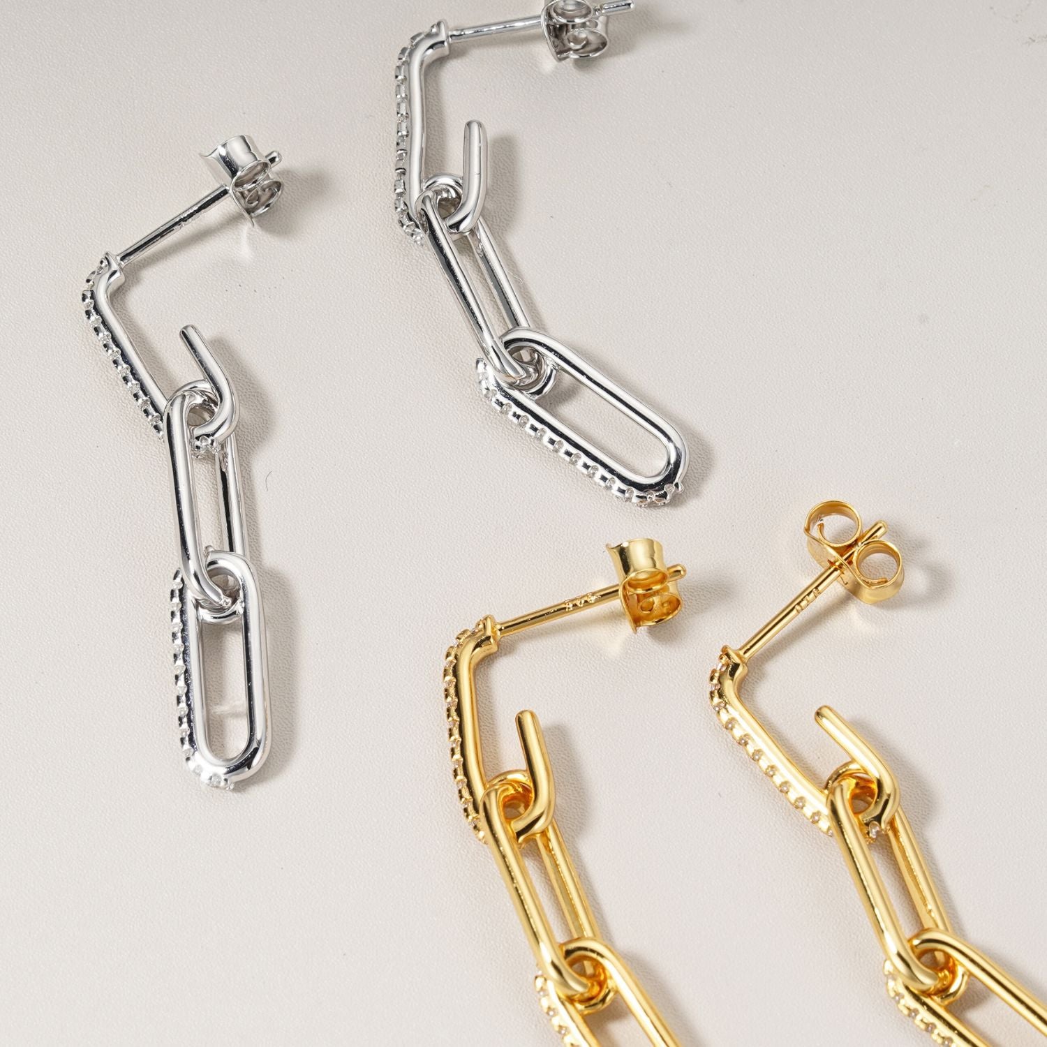 CZ Paperclip Link Dangle Earrings