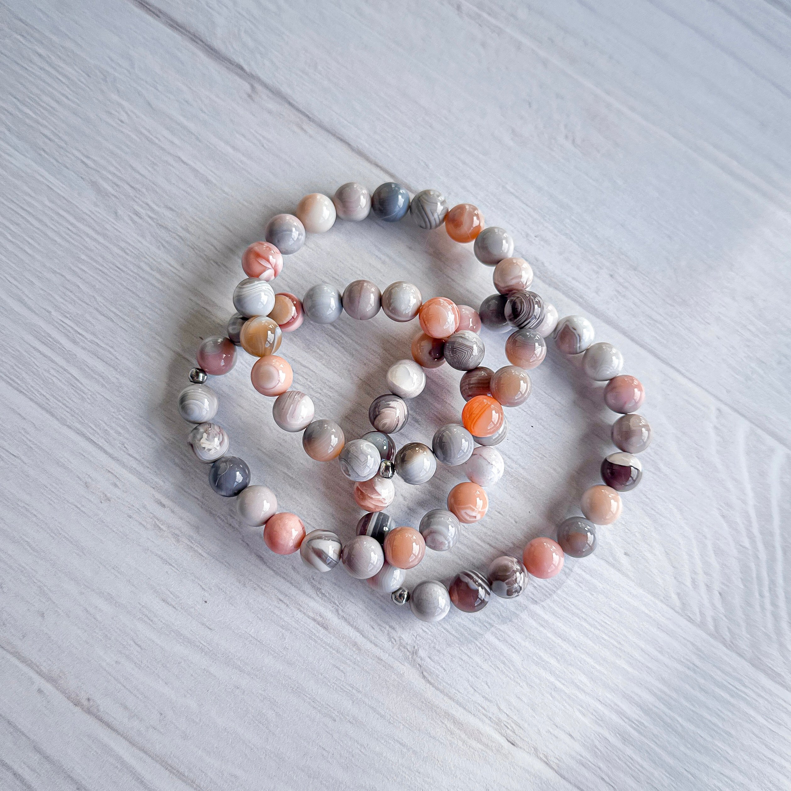 Stack of Featherly Pink Botswana Agate Stacker Bracelets