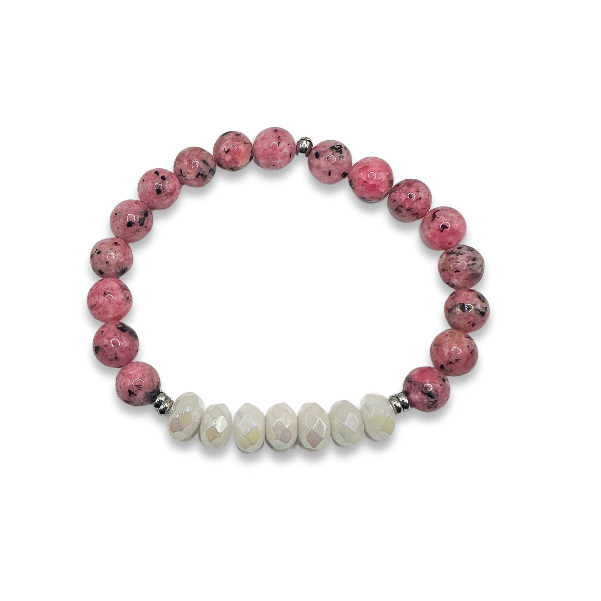 Featherly White Jade and Pink Dalmatian Jasper Positive Purpose Stretch Beaded Stacker Bracelet