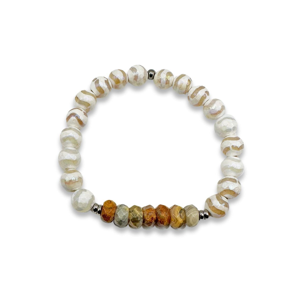 Featherly  Crazy Lace Agate and White Wave Tibetan Agate  Crystal Gemstone Stretch Beaded Stacker Bracelet