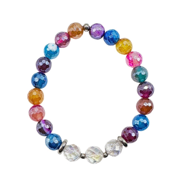 Featherly Multicolor Agate Faceted Zest Beaded Crystal Gemstone Stretch Bracelet