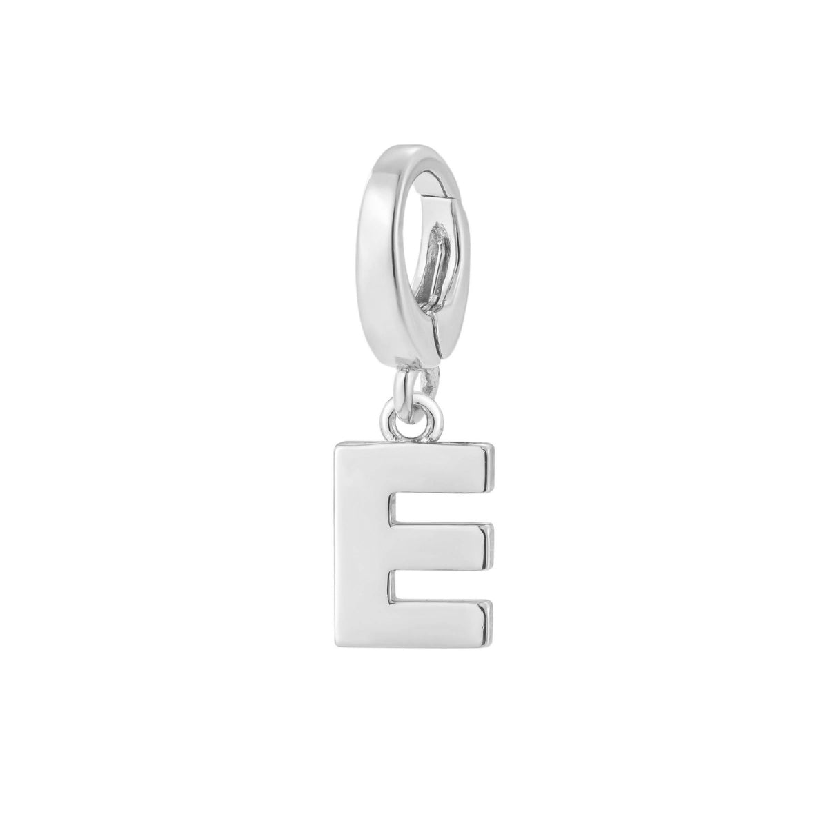 sterling silver initial E charm for necklace or bracelet from featherly - clip on charms