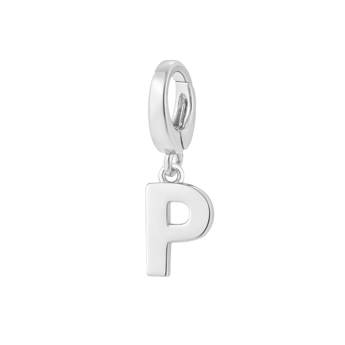 sterling silver initial P charm for necklace or bracelet from featherly - clip on charms