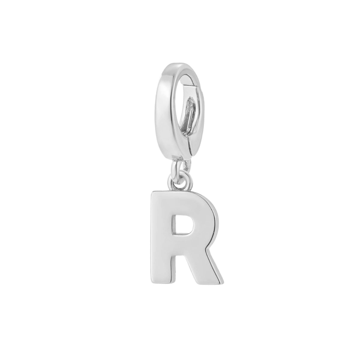 sterling silver initial R charm for necklace or bracelet from featherly - clip on charms