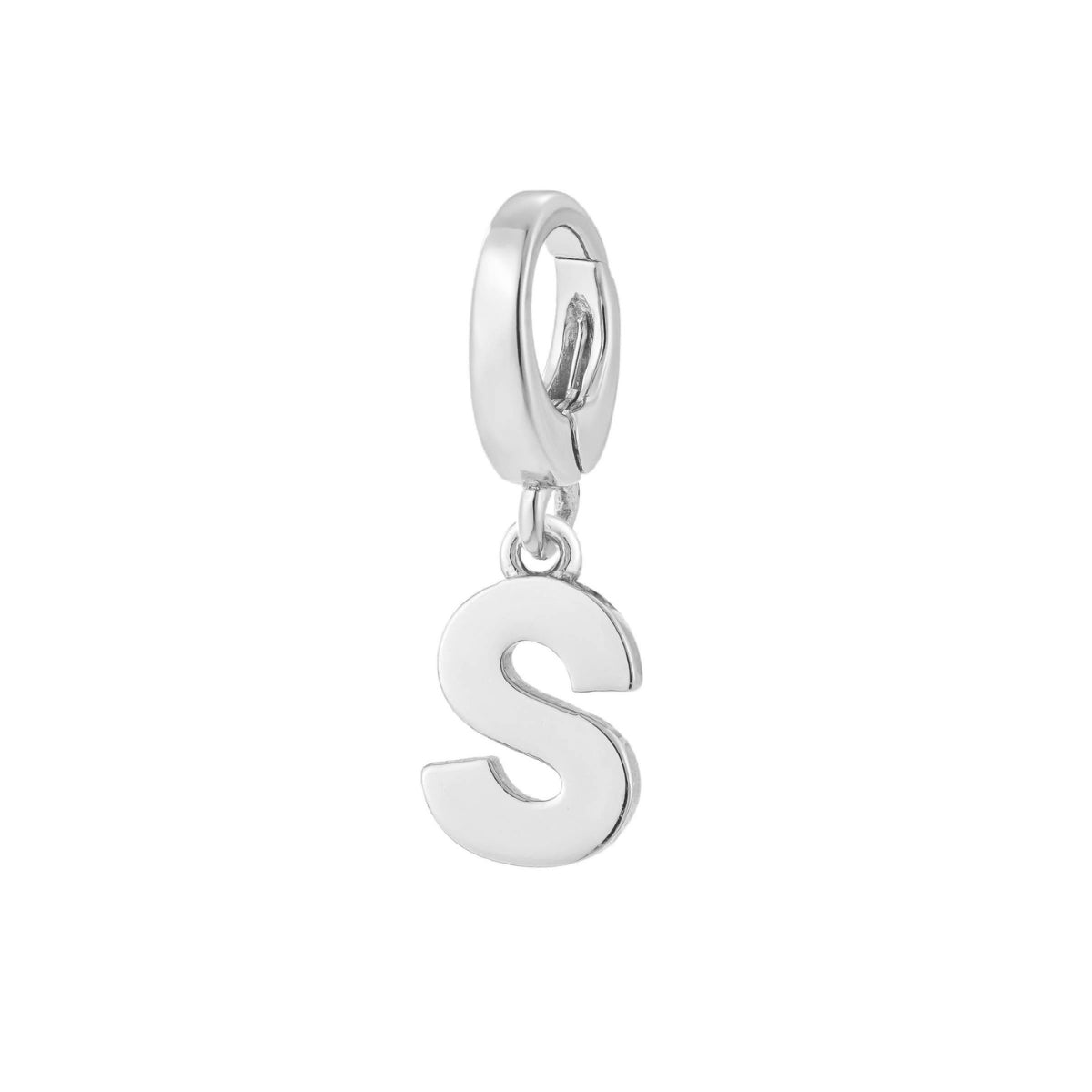 sterling silver initial S charm for necklace or bracelet from featherly - clip on charms