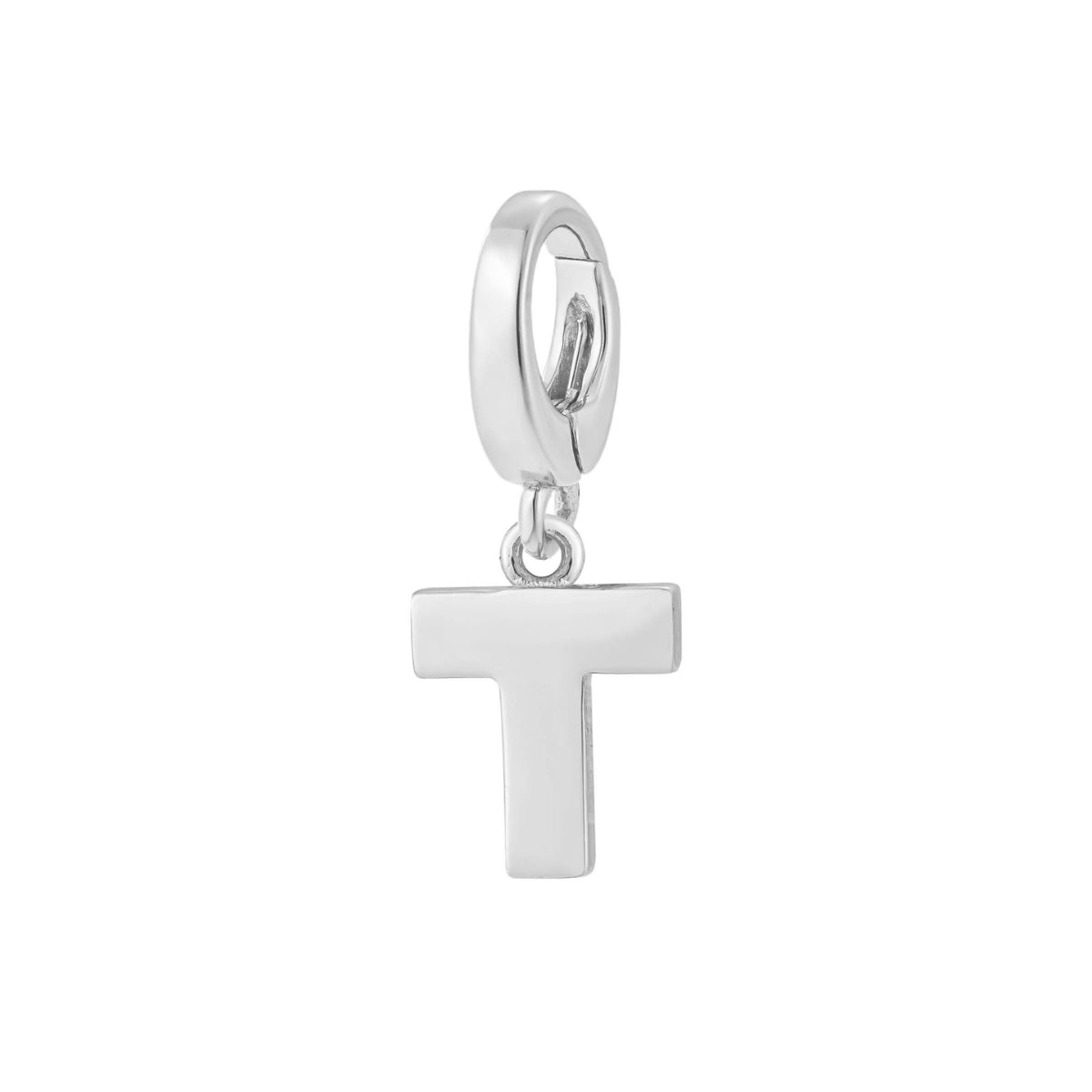 sterling silver initial T charm for necklace or bracelet from featherly - clip on charms