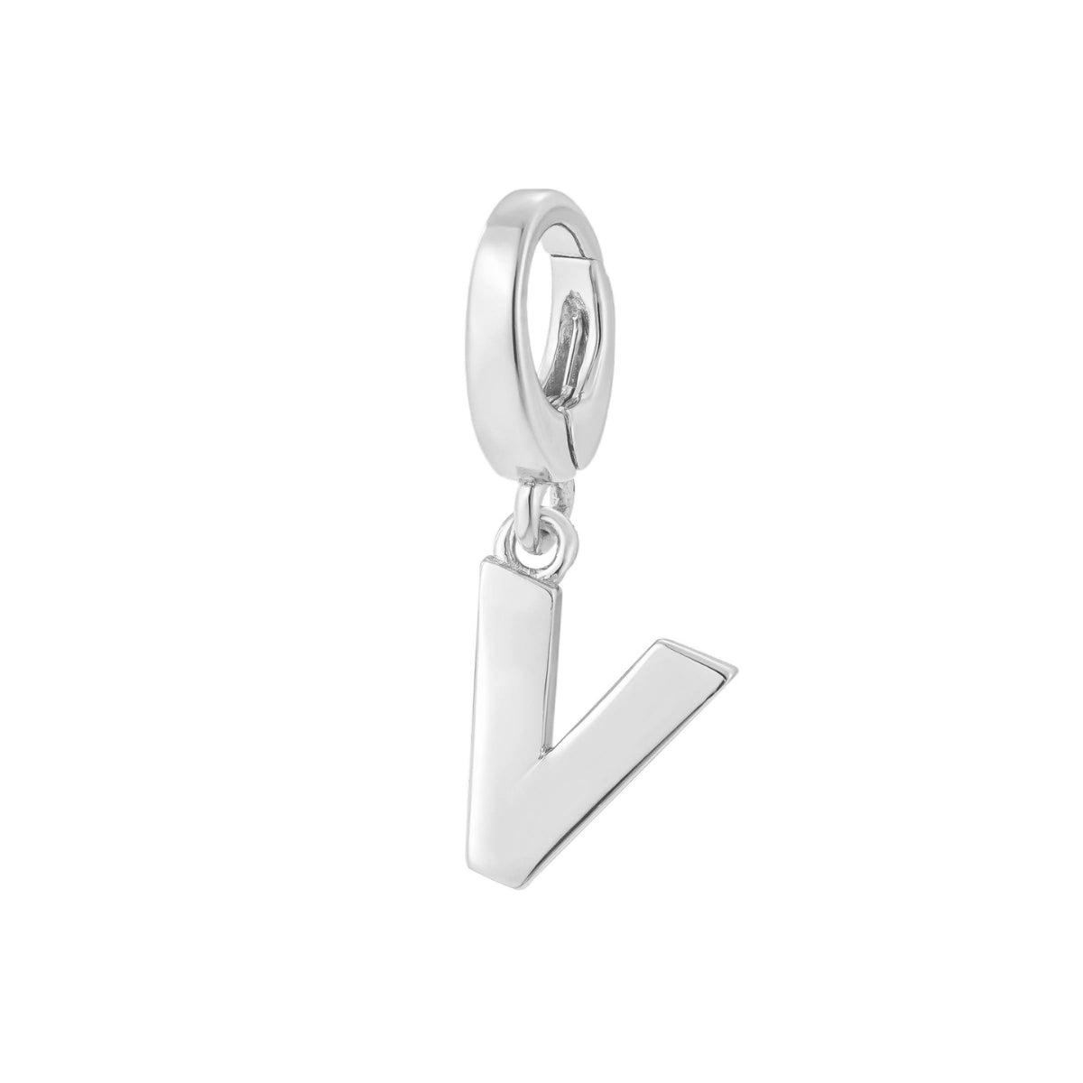 sterling silver initial V charm for necklace or bracelet from featherly - clip on charms