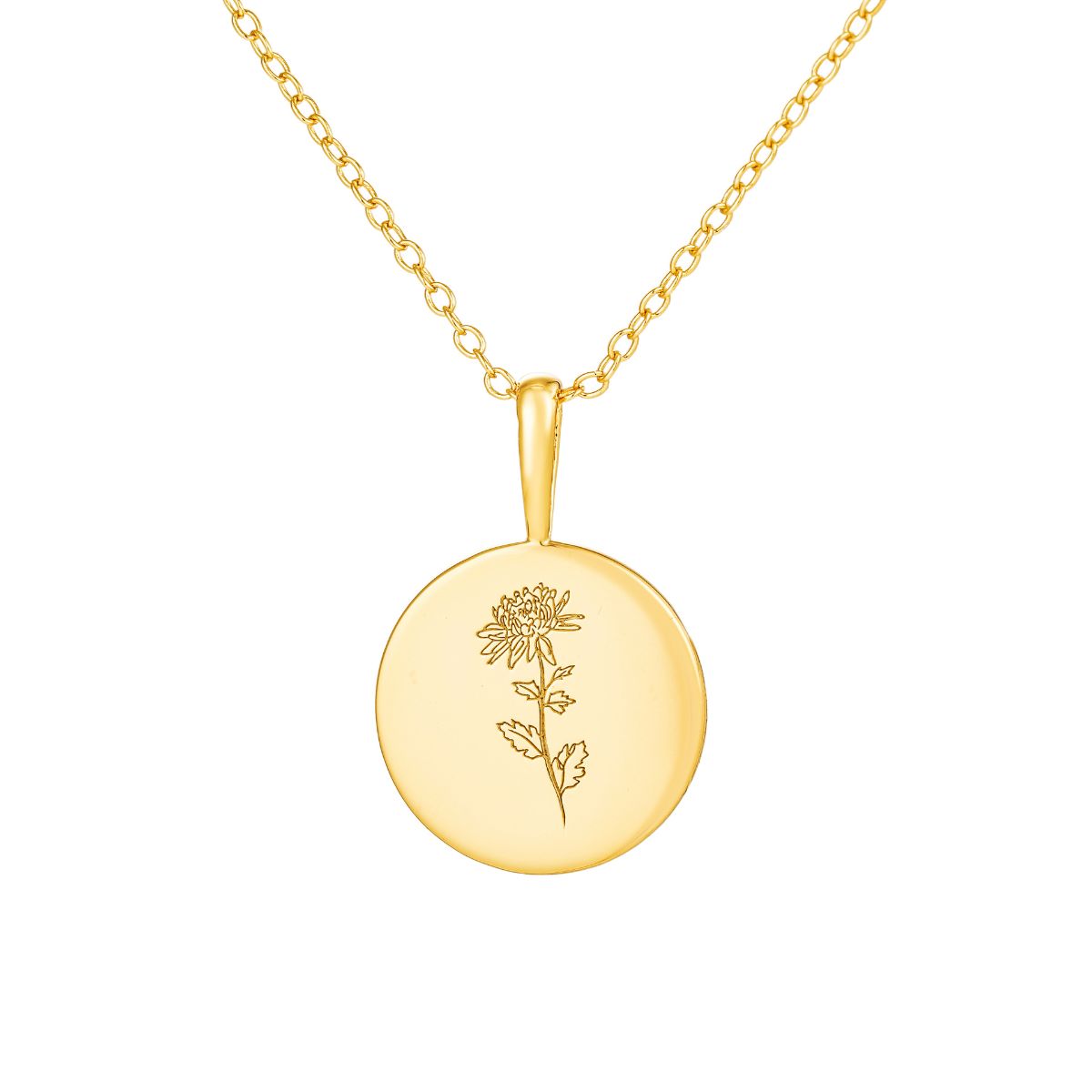 Featherly November birth flower necklace in gold on adjustable chain