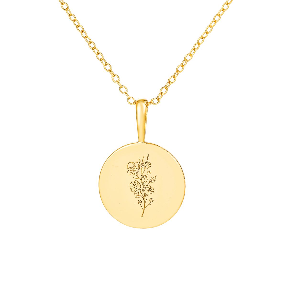 Featherly March birth flower necklace in gold on adjustable chain