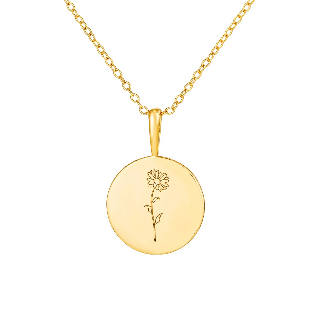 Featherly april birth flower necklace in gold with daisy on adjustable chain