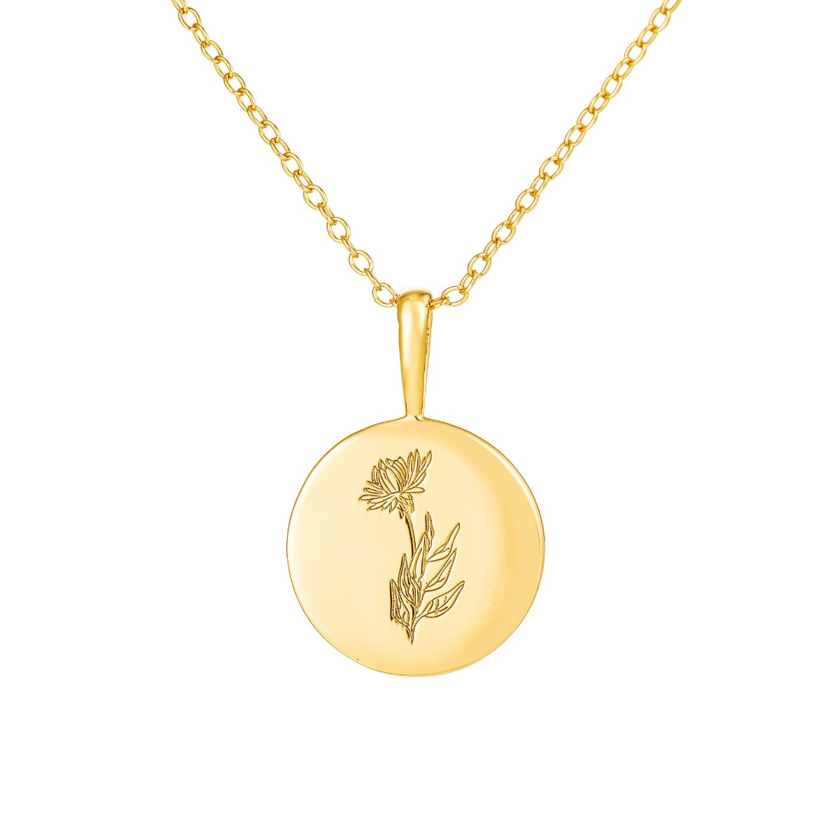 Featherly September birth flower necklace in gold on adjustable chain