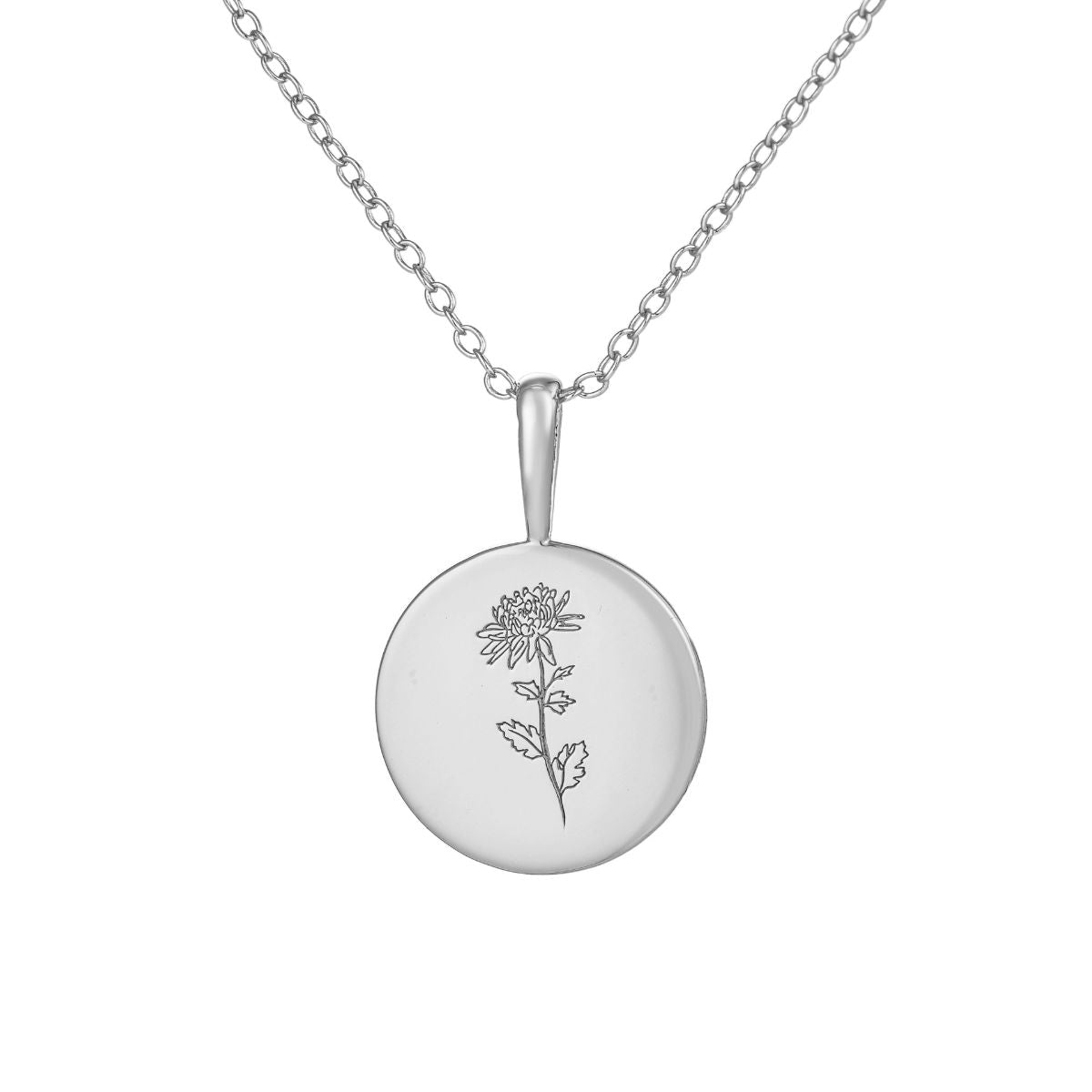 Featherly November birth flower necklace in sterling silver on adjustable chain