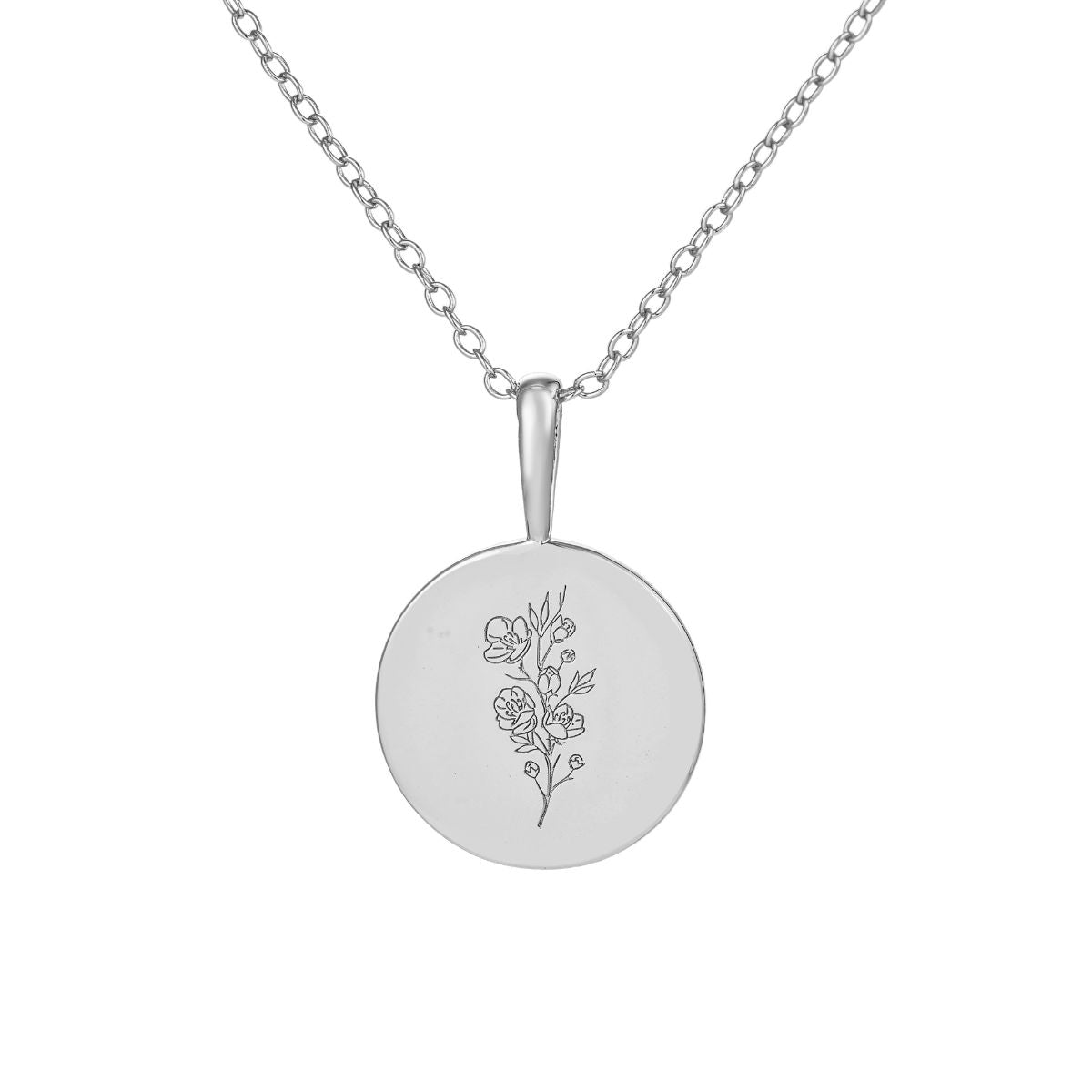 Featherly March birth flower necklace in sterling silver on adjustable chain