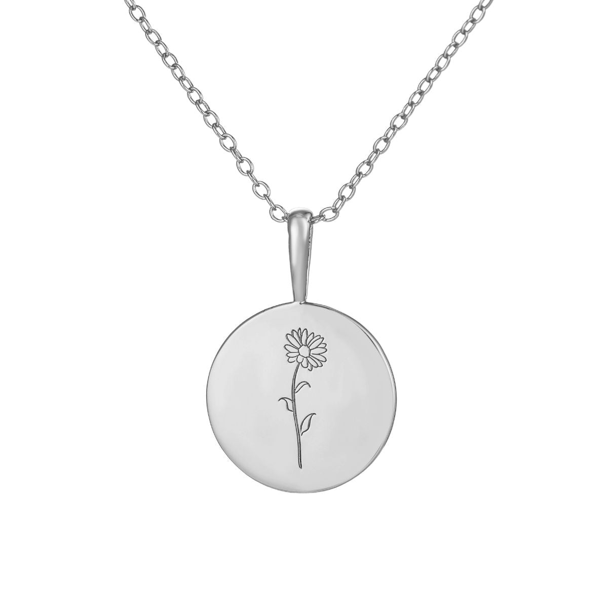 Featherly april birth flower necklace in sterling silver with daisy on adjustable chain