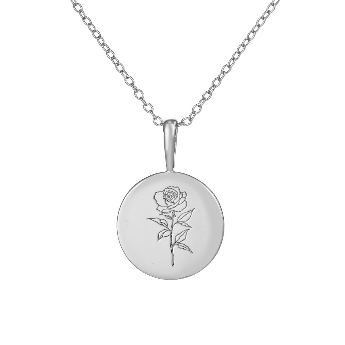 Featherly june birth flower necklace in sterling silver with rose on adjustable chain