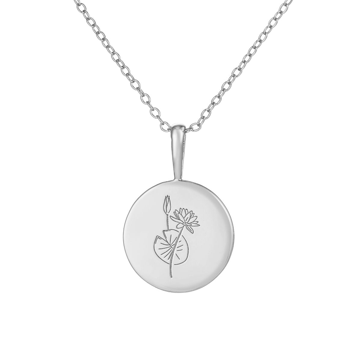 Featherly July birth flower necklace in sterling silver on adjustable chain