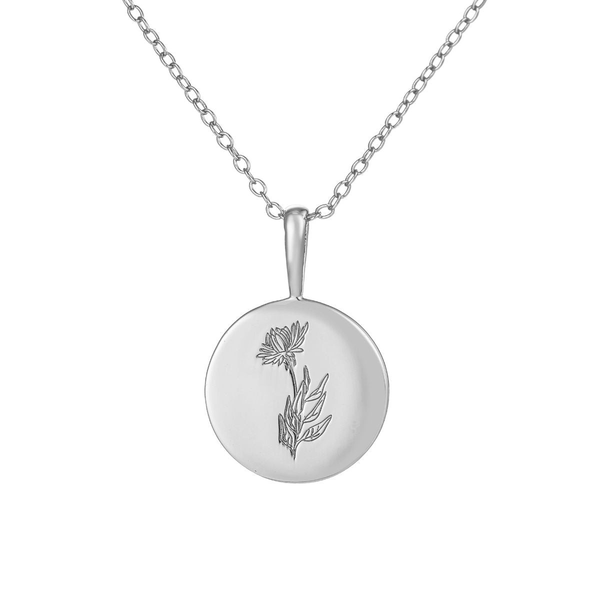 Featherly September birth flower necklace in sterling silver on adjustable chain