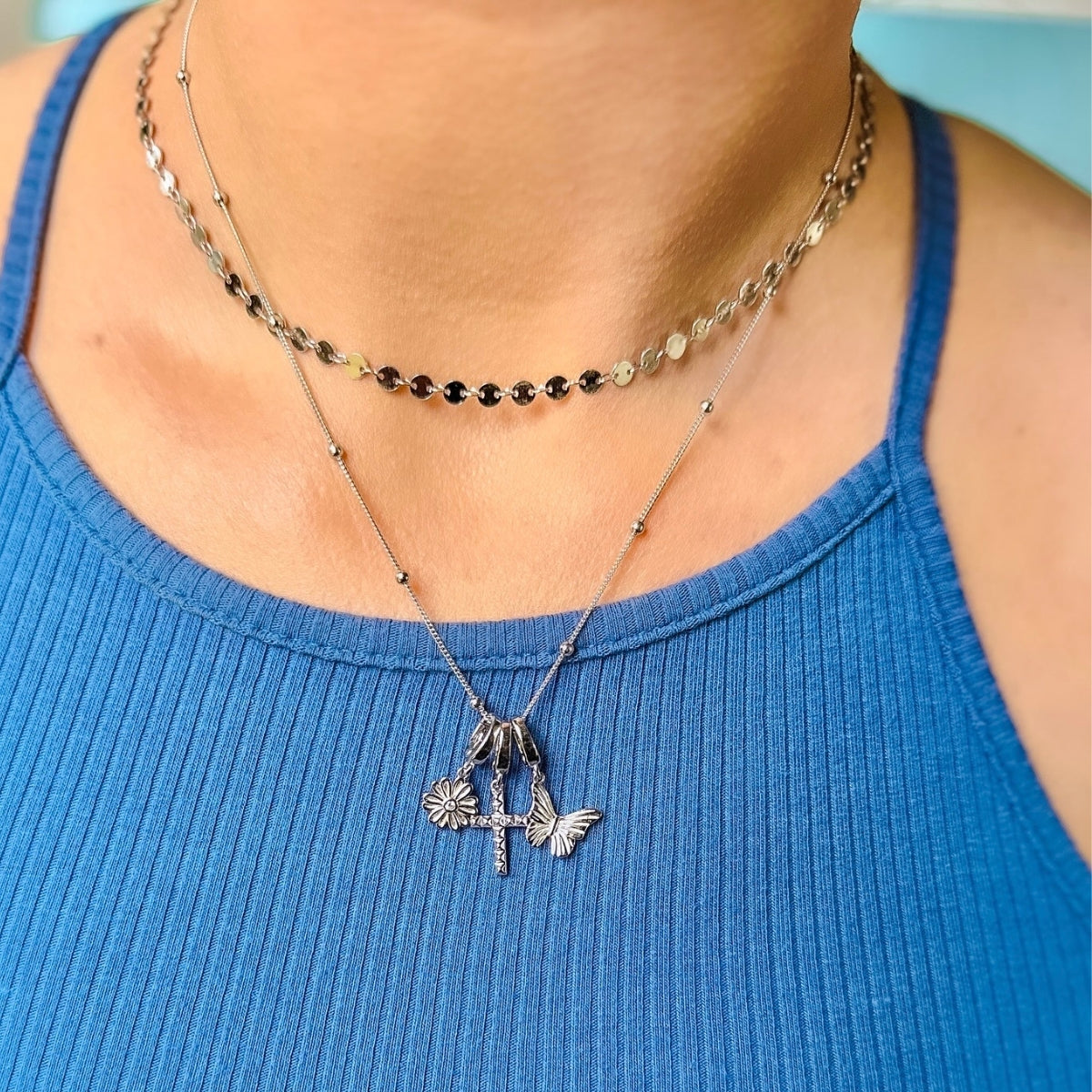 sterling silver necklace and charms - charm necklace personalized with sterling silver clip on charms layered with poppy necklace with disc chain