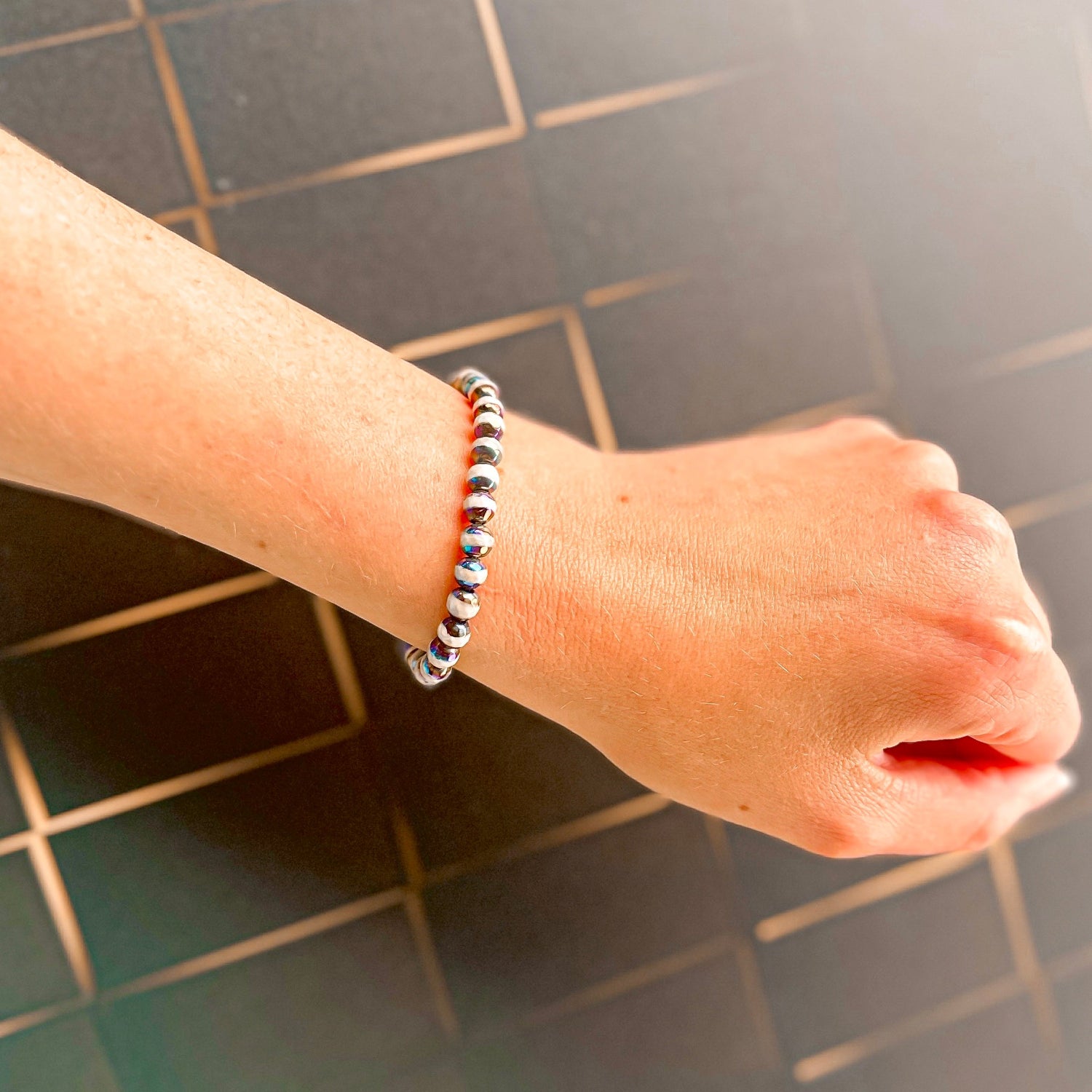 mini stacker bracelet from featherly in black lined tibetan agate