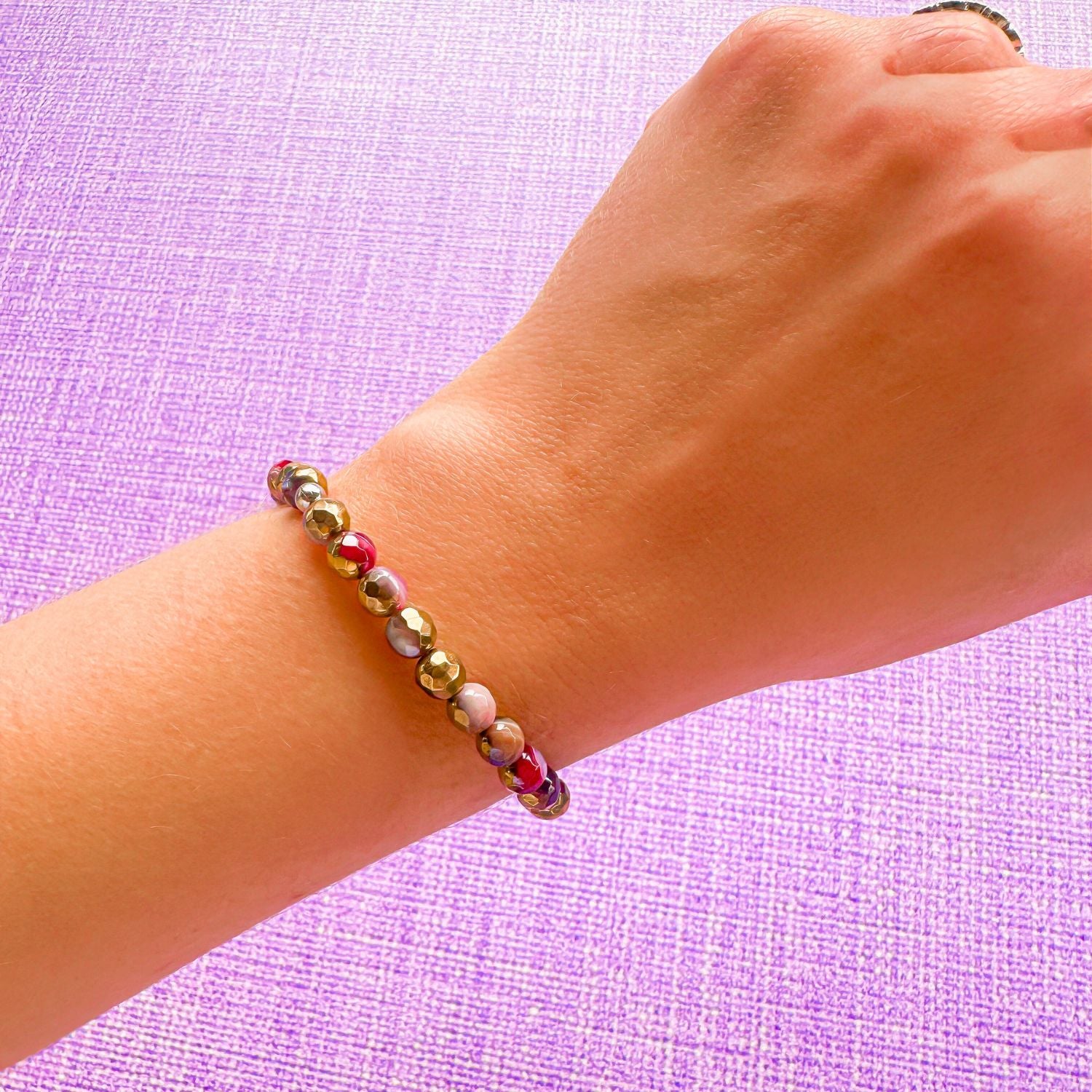 mini stacker bracelet from featherly in gold pink agate