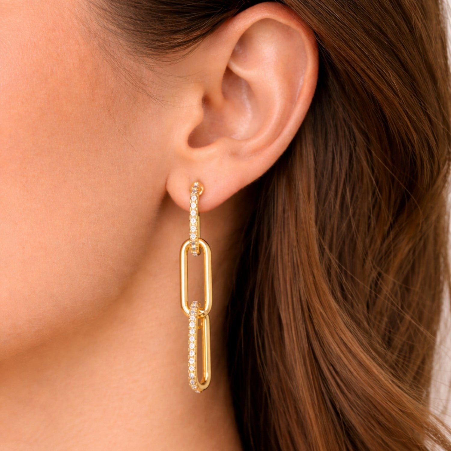 CZ Paperclip Link Dangle Earrings