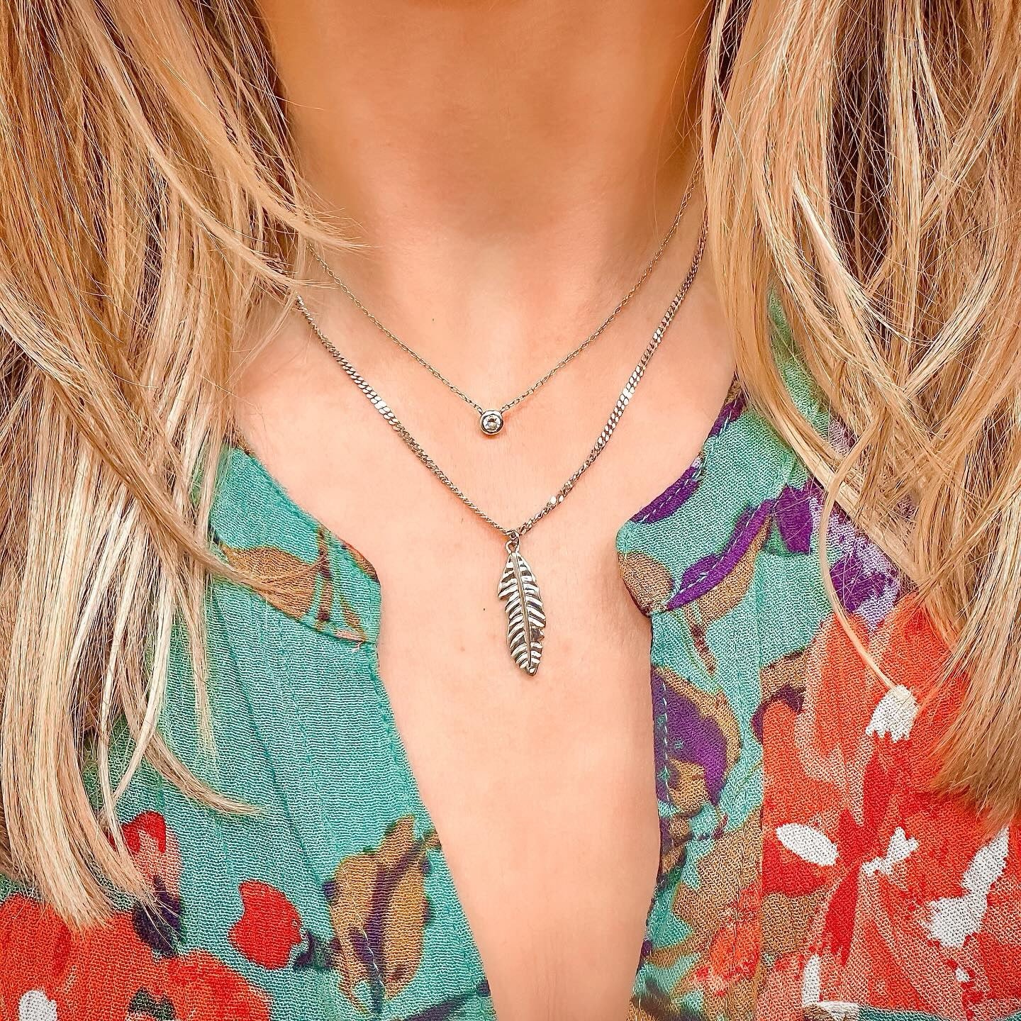 feather necklace silver sterling silver pendant layered with cz stone necklace
