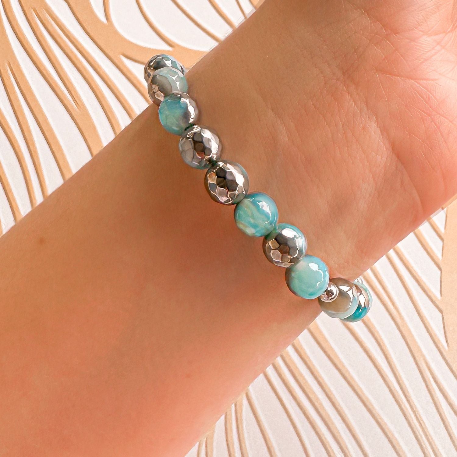 8mm stacker bracelet from featherly in silver aqua blue white agate