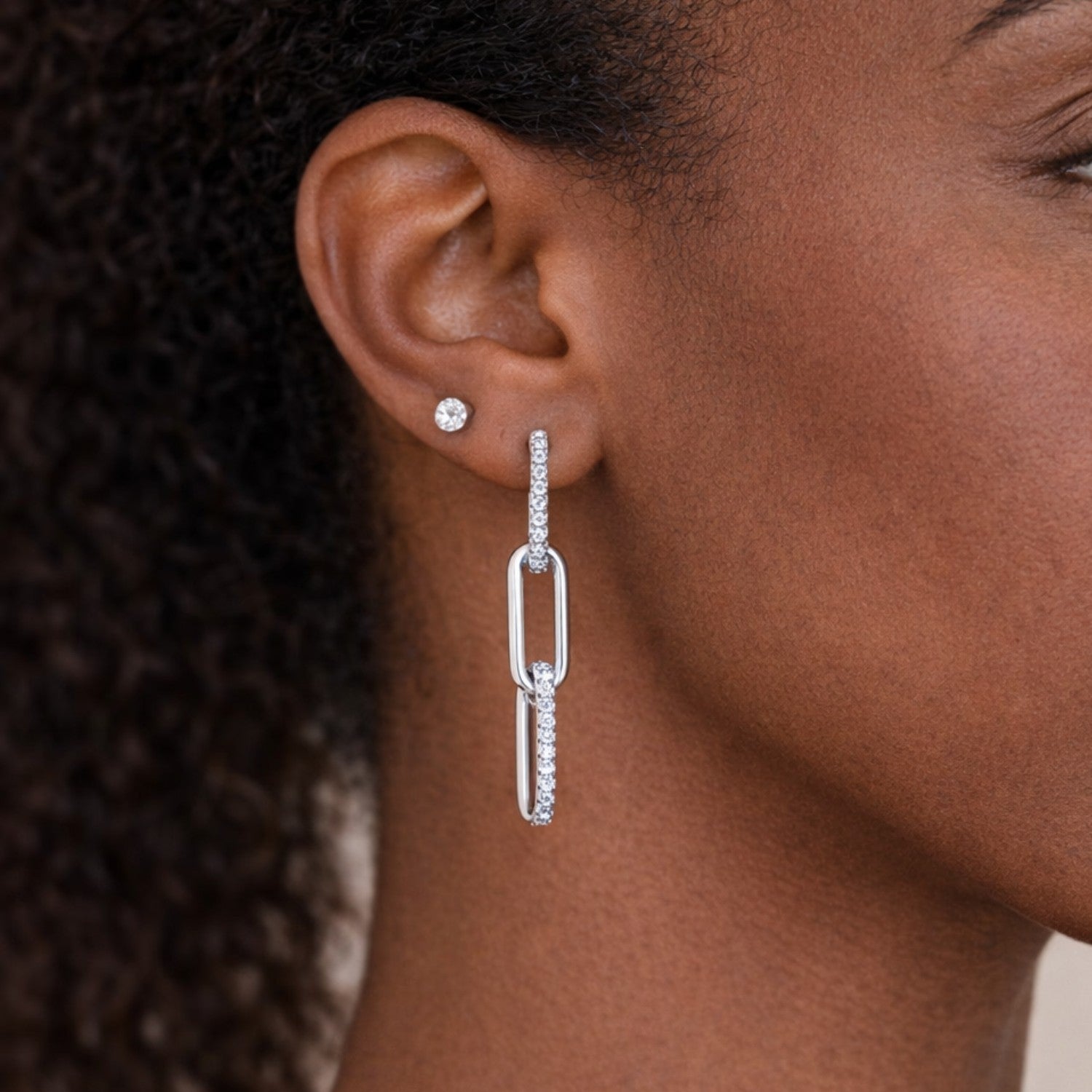 CZ Paperclip Link Dangle Earrings