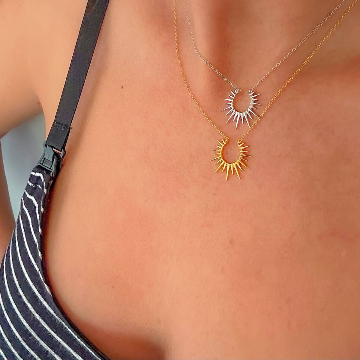 Featherly sunburst sun necklaces layered in 18k gold plated and silver sterling silver