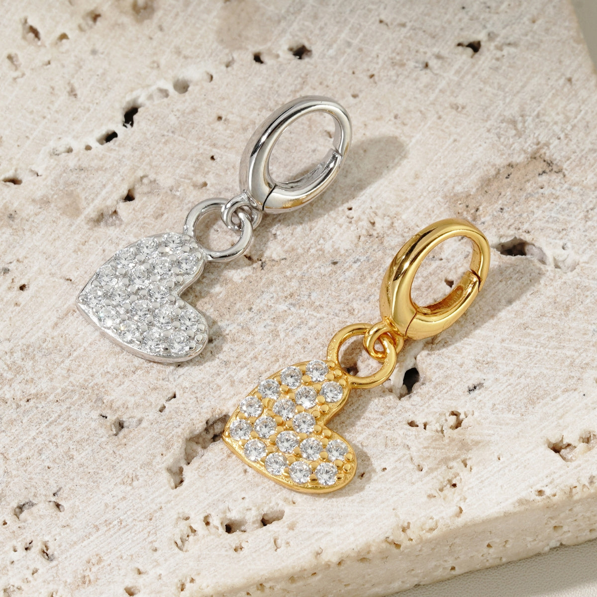 heart charms for necklaces and bracelets in silver and gold with cubic zirconias