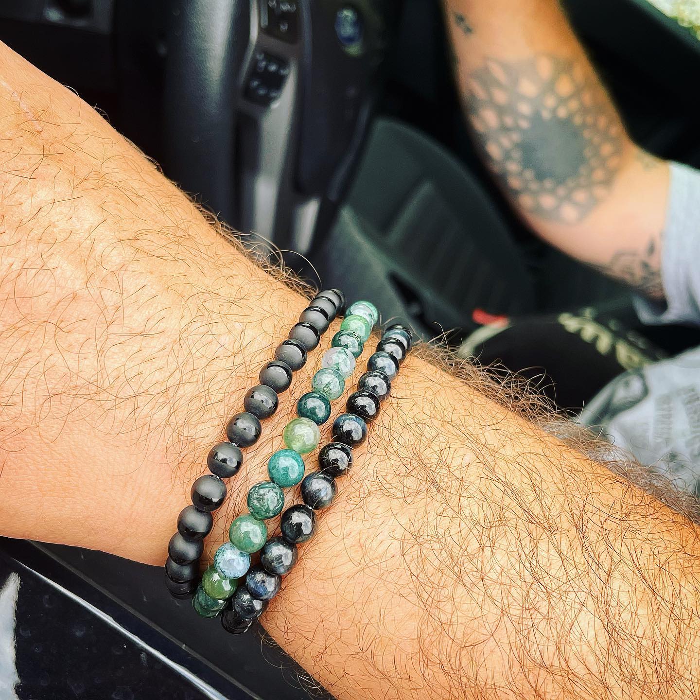 Guy beaded bracelets black onyx and moss agate