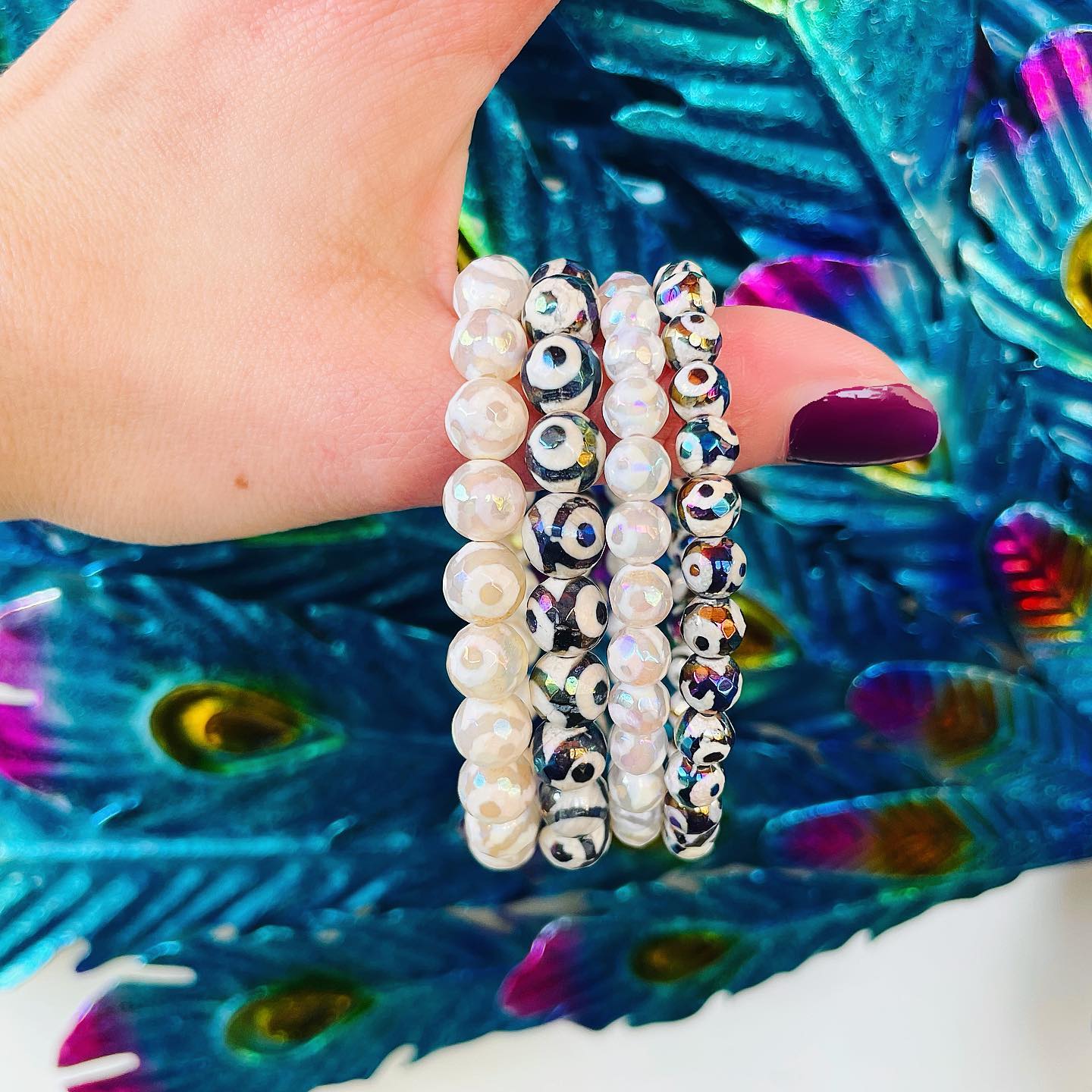 Protection & Balance - White Evil Eye Tibetan Agate Faceted Stacker Bracelet