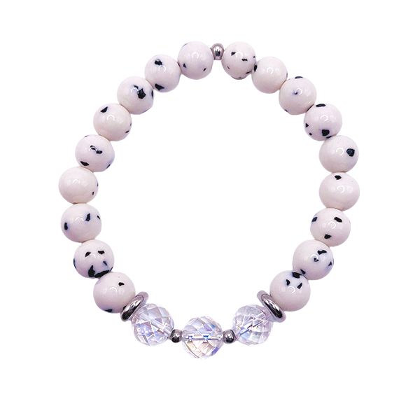 Featherly Dalmatian Jade Zest Crystal Gemstone Beaded Stretch Bracelet