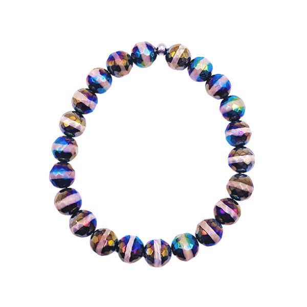 Featherly Black Lined Rainbow Tibetan Agate Faceted Stacker Gemstone Beaded Bracelet