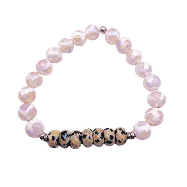 Featherly Dalmatian Jasper and Tibetan Agate Positive Purpose Crystal Gemstone Beaded Stretch Bracelet