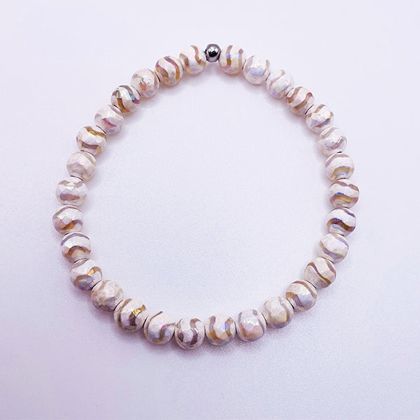 Featherly White Wave Tibetan Agate Faceted Mini Stacker Gemstone Beaded Bracelet