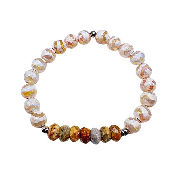 Featherly  Crazy Lace Agate and White Wave Tibetan Agate  Crystal Gemstone Stretch Beaded Bracelet