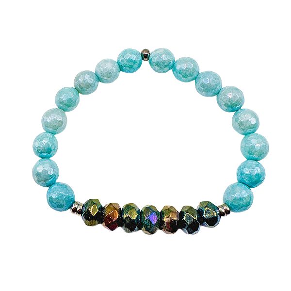 Featherly Positive Purpose Indian Jade and Aqua Jade Crystal Gemstone Stretch Beaded Bracelet
