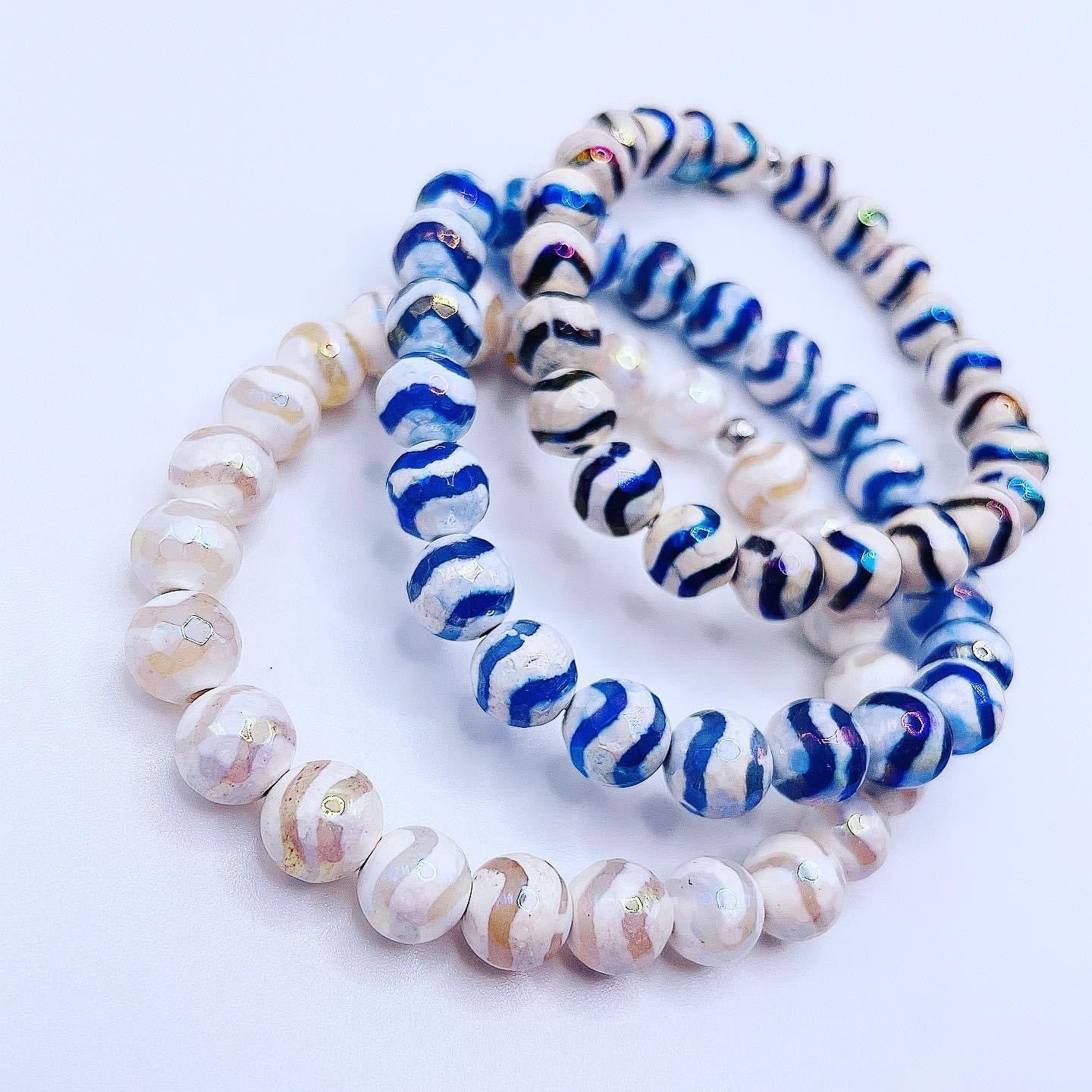 Protection & Balance - White Wave Tibetan Agate Faceted Stacker Bracelet