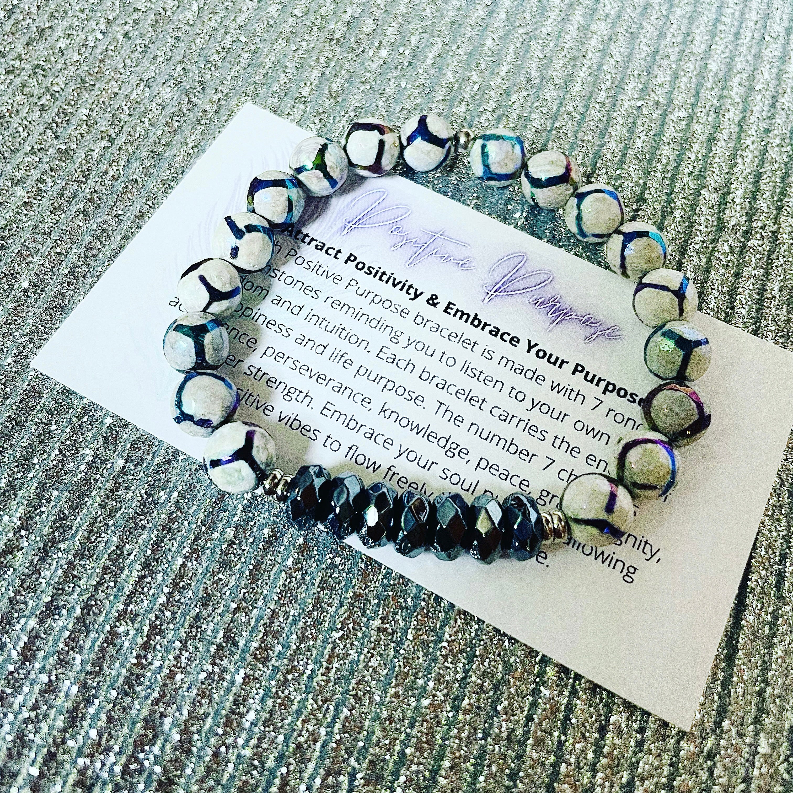 Featherly Black Agate and Tibetan Agate Crystal Gemstone Stretch Beaded Stacker Bracelet with meaning card